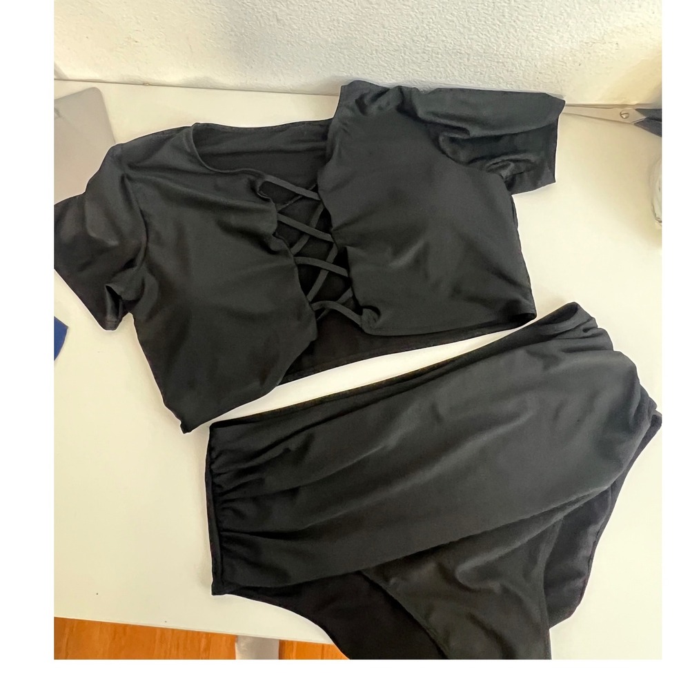 Shein‎ Black Bikini Set Lace Up Short Sleeve Crop Top High Waist Bottoms 1x